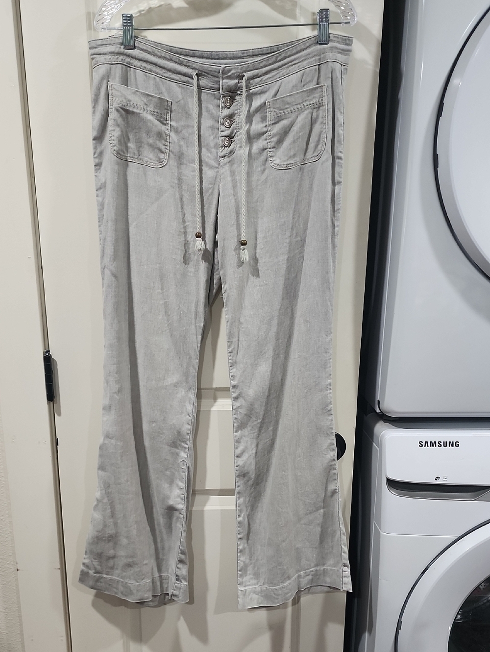 Anthropologie Level 99 Lana Linen Blend Flare Trousers Beige Womens Size 30